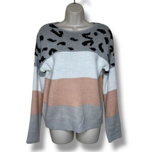 Colorblock Animal Print Stripe Gray White Peach Boat Neck Women Sweater Small